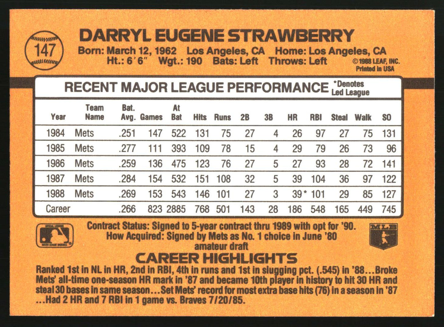 1989 Donruss #147 Darryl Strawberry