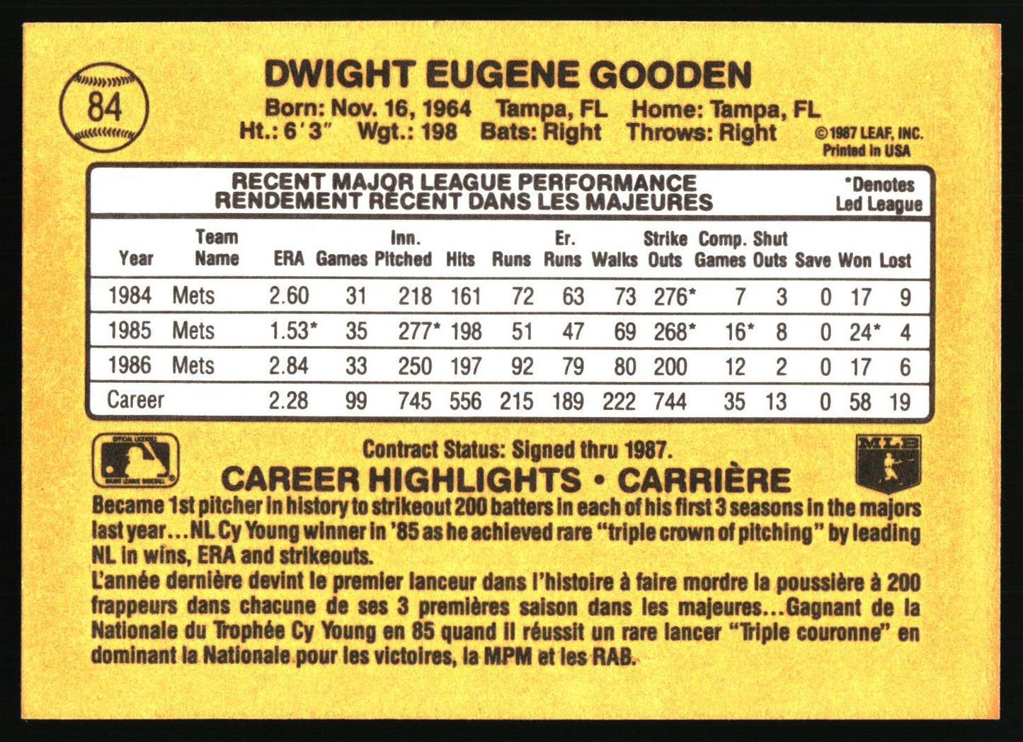 1987 Leaf #84 Dwight Gooden