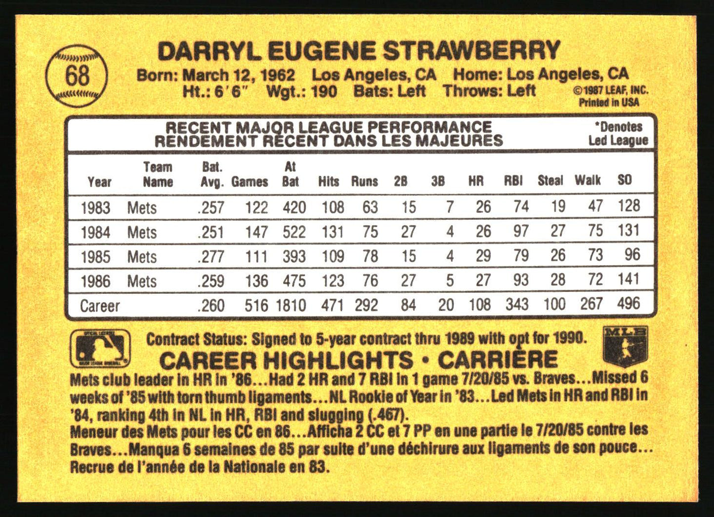 1987 Leaf #68 Darryl Strawberry