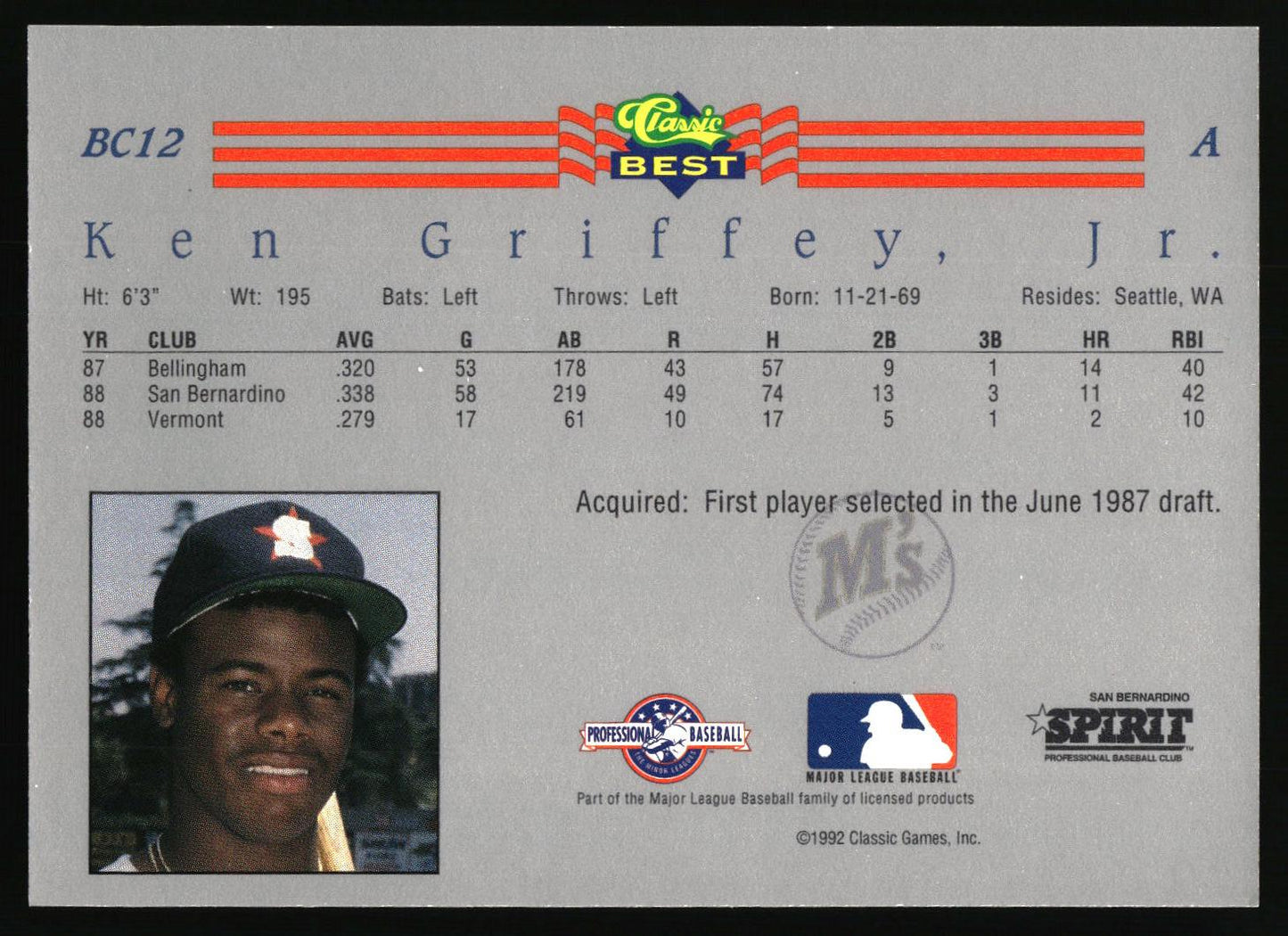 1992 Classic Best #BC12 Ken Griffey Jr. Blue Bonus