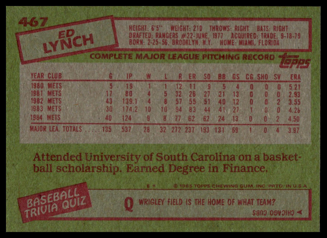 1985 Topps #467 Ed Lynch