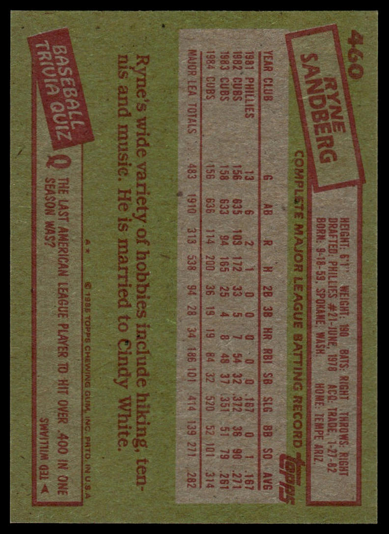 1985 Topps #460 Ryne Sandberg