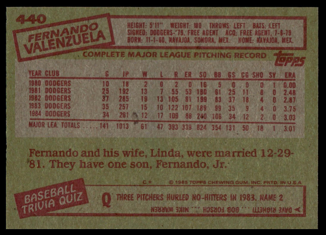 1985 Topps #440 Fernando Valenzuela