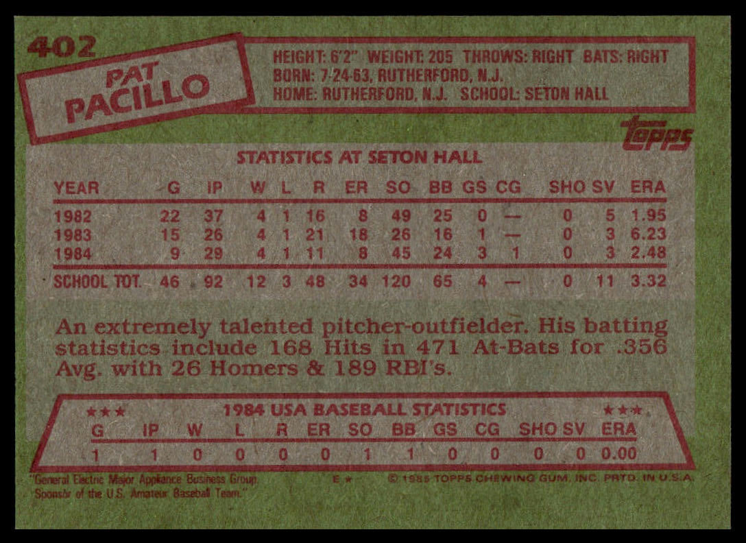 1985 Topps #402 Pat Pacillo