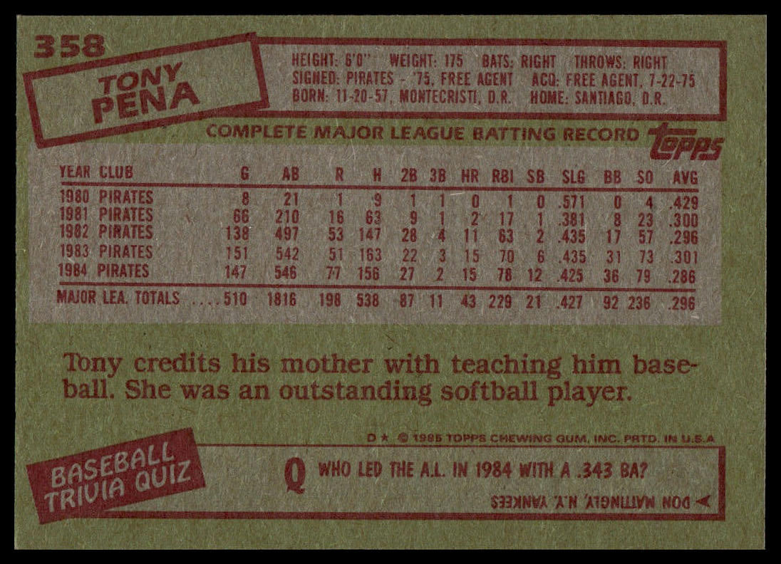 1985 Topps #358 Tony Pena