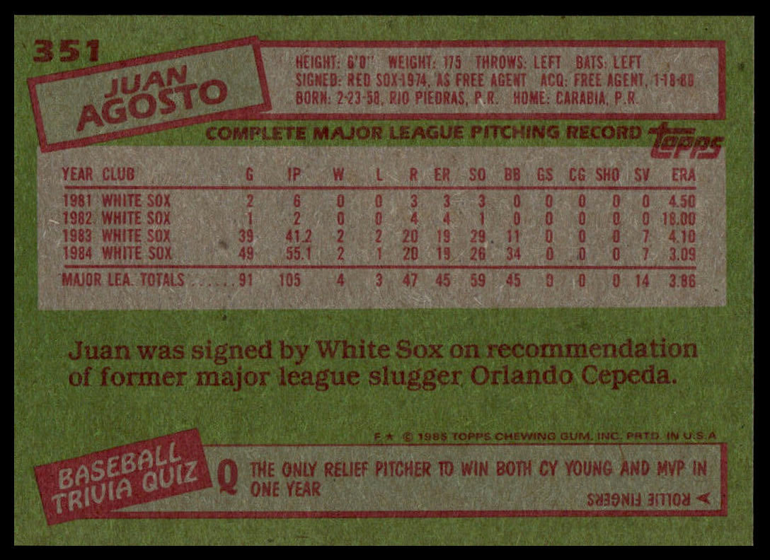 1985 Topps #351 Juan Agosto