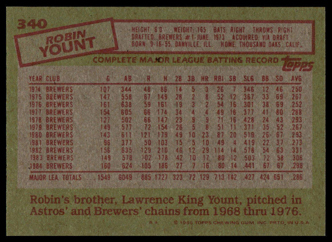 1985 Topps #340 Robin Yount
