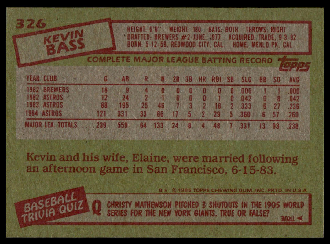 1985 Topps #326 Kevin Bass