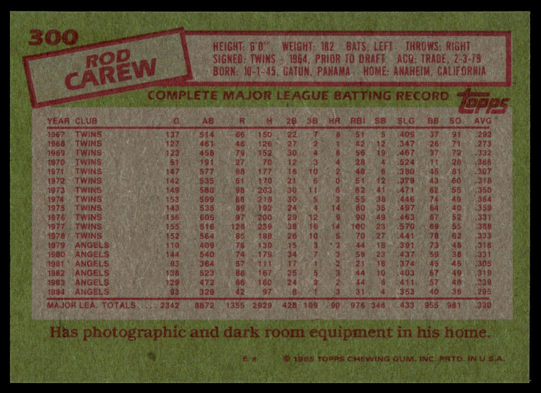 1985 Topps #300 Rod Carew