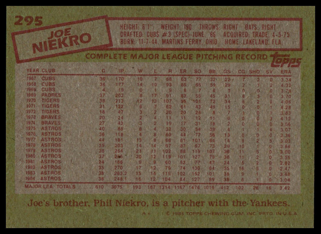 1985 Topps #295 Joe Niekro