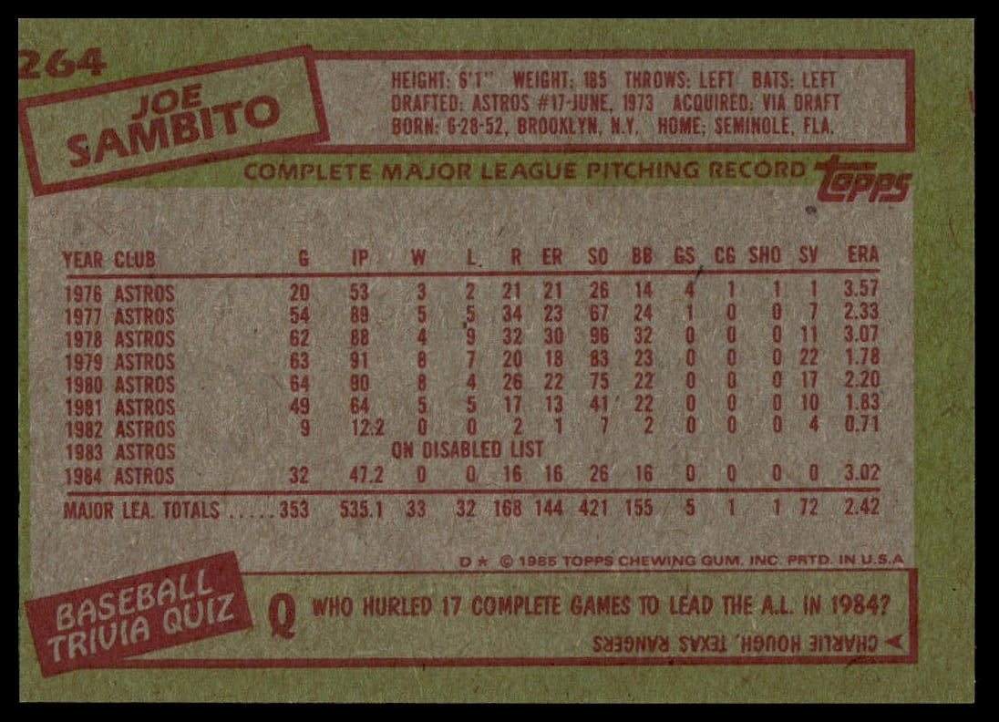1985 Topps #264 Joe Sambito