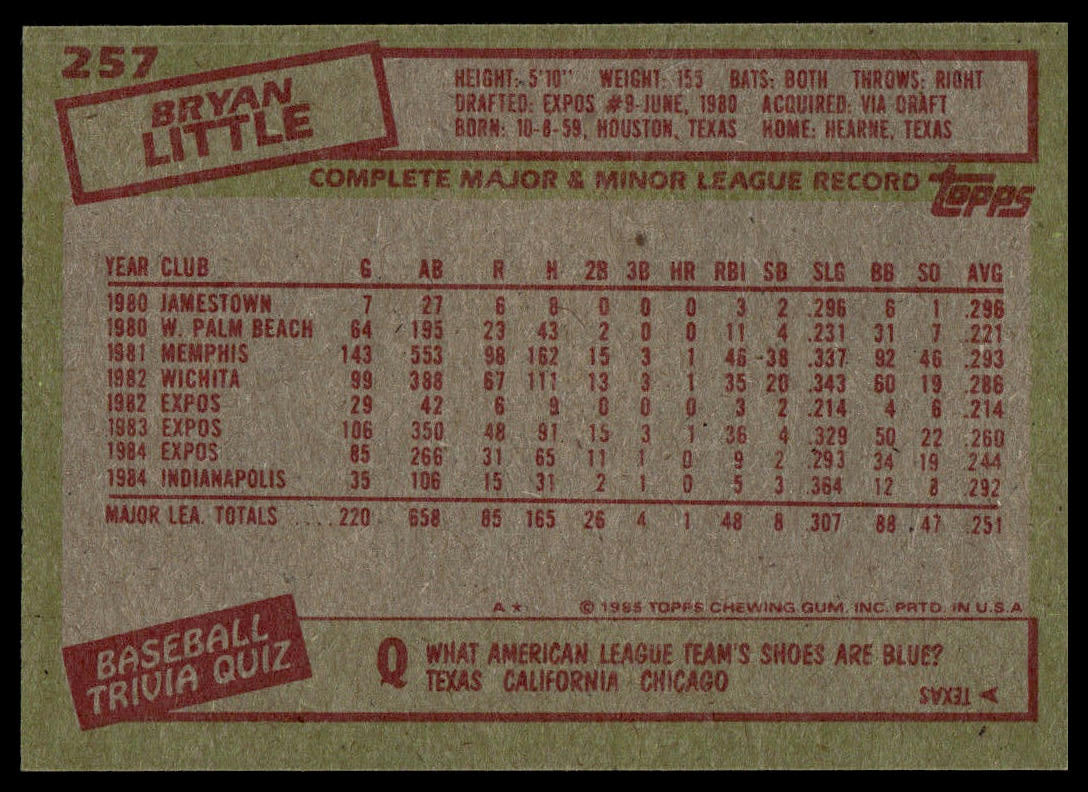 Back of a 1985 Topps baseball trading card, number 257, featuring player stats for Bryan Little on a tan background with red and black text.