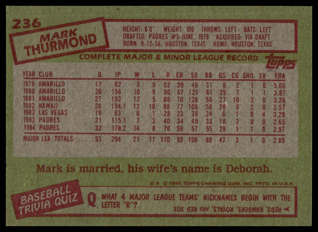 1985 Topps #236 Mark Thurmond