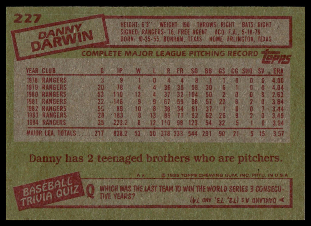 1985 Topps #227 Danny Darwin
