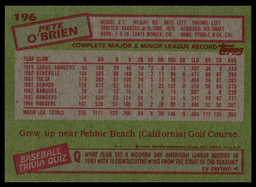 1985 Topps #196 Pete O'Brien