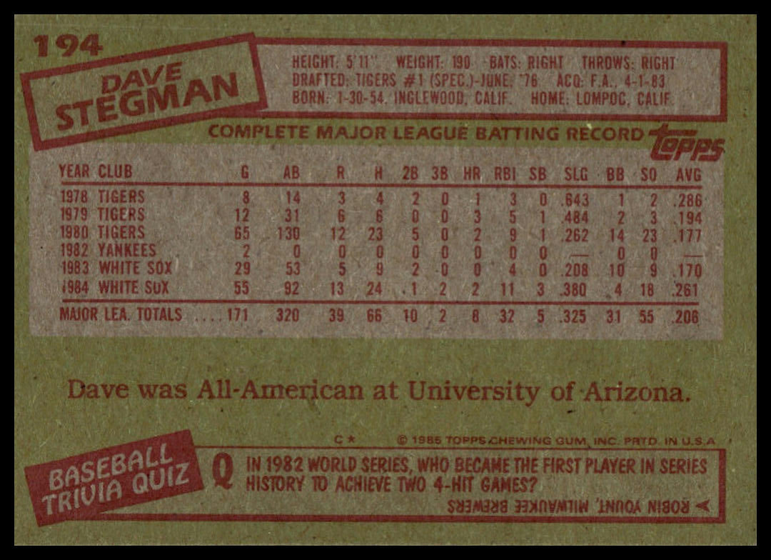 1985 Topps #194 Dave Stegman