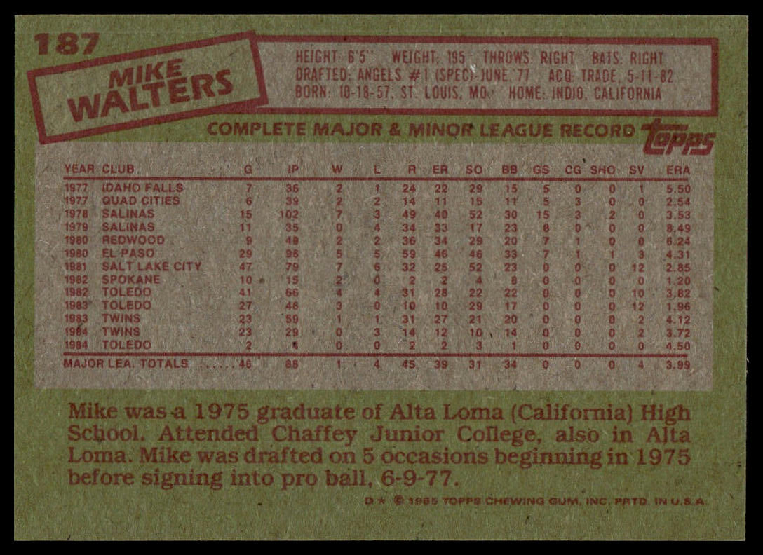 1985 Topps #187 Mike Walters