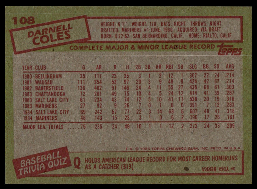 Back of a baseball trading card featuring a brown kraft-paper style background with red and black printed text and statistics for Darnell Cole and a 'Baseball Quiz' section.