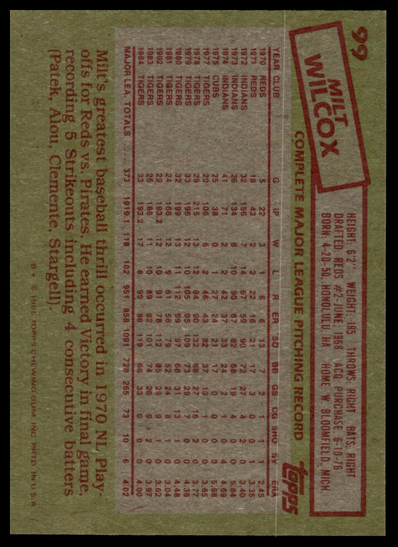 1985 Topps #99 Milt Wilcox