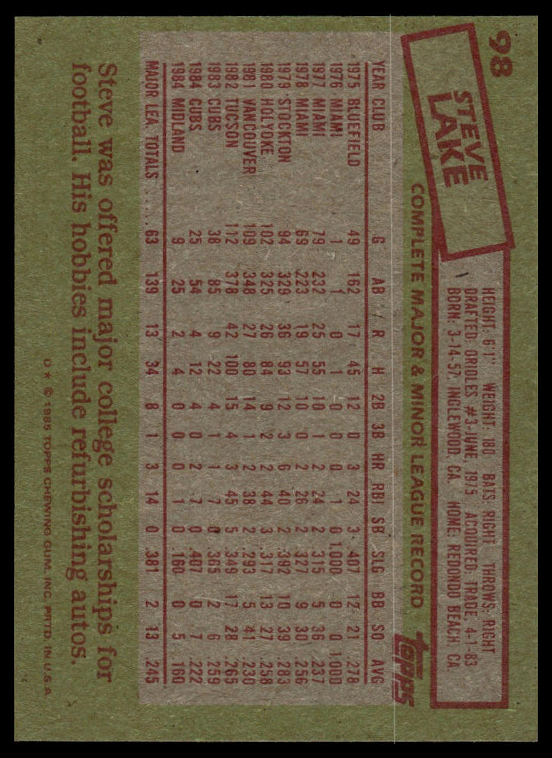 1985 Topps #98 Steve Lake