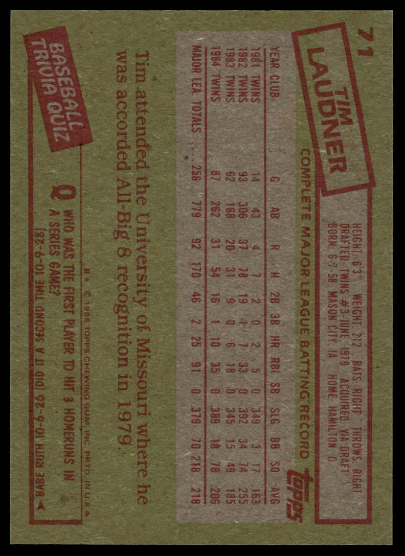 1985 Topps #71 Tim Laudner