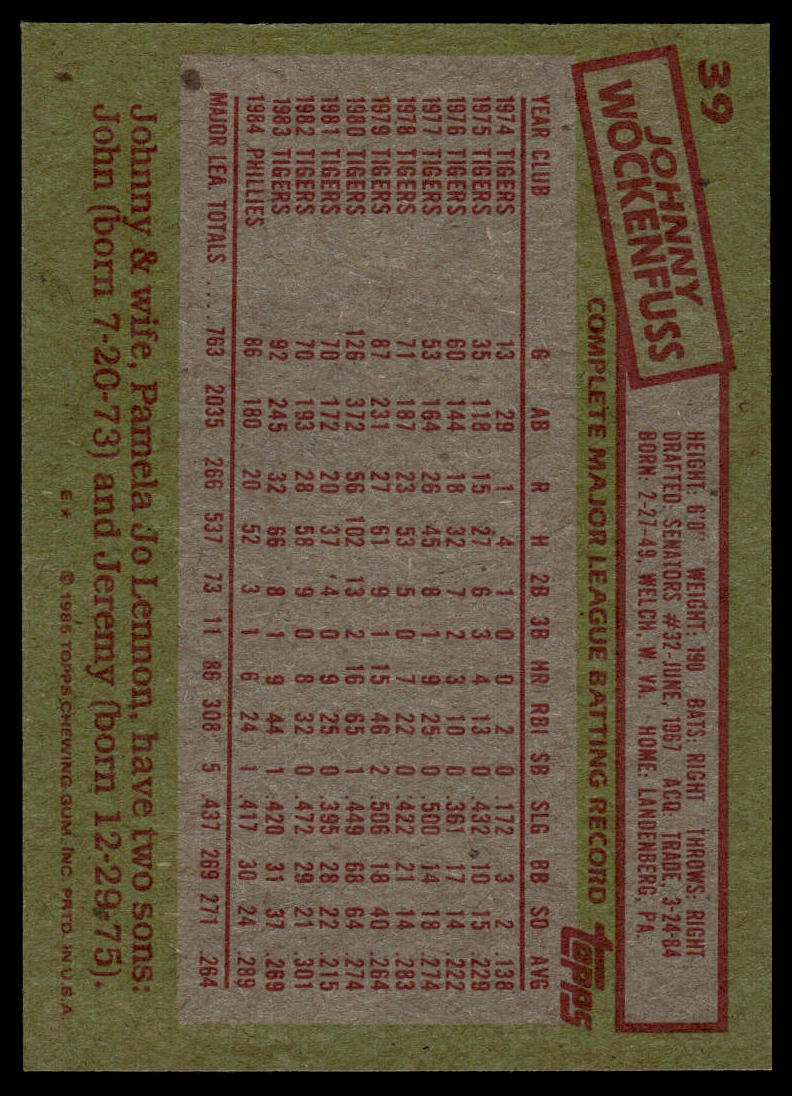 1985 Topps #39 Johnny Wockenfuss