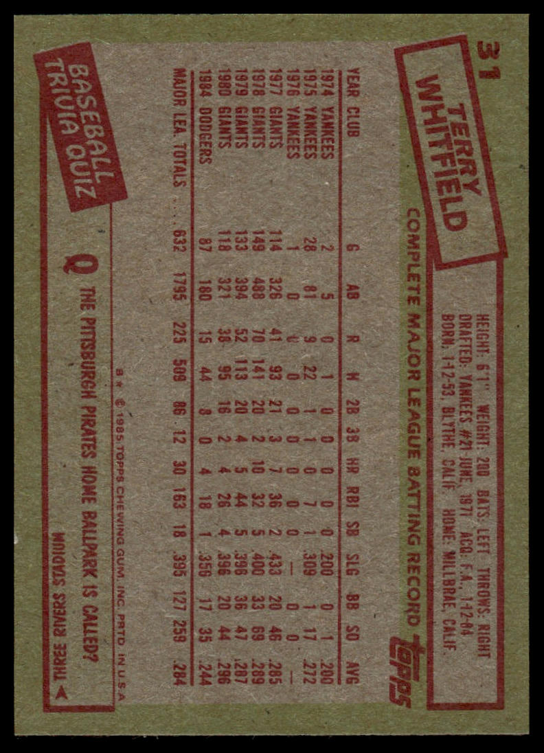 1985 Topps #31 Terry Whitfield