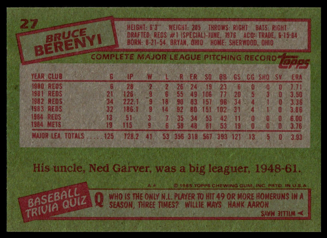 A vintage baseball trivia card or collectible print featuring player information for Bruce Berenyi, with a green background, red border boxes, and a central beige player stats panel. The Topps logo is visible in the lower right.