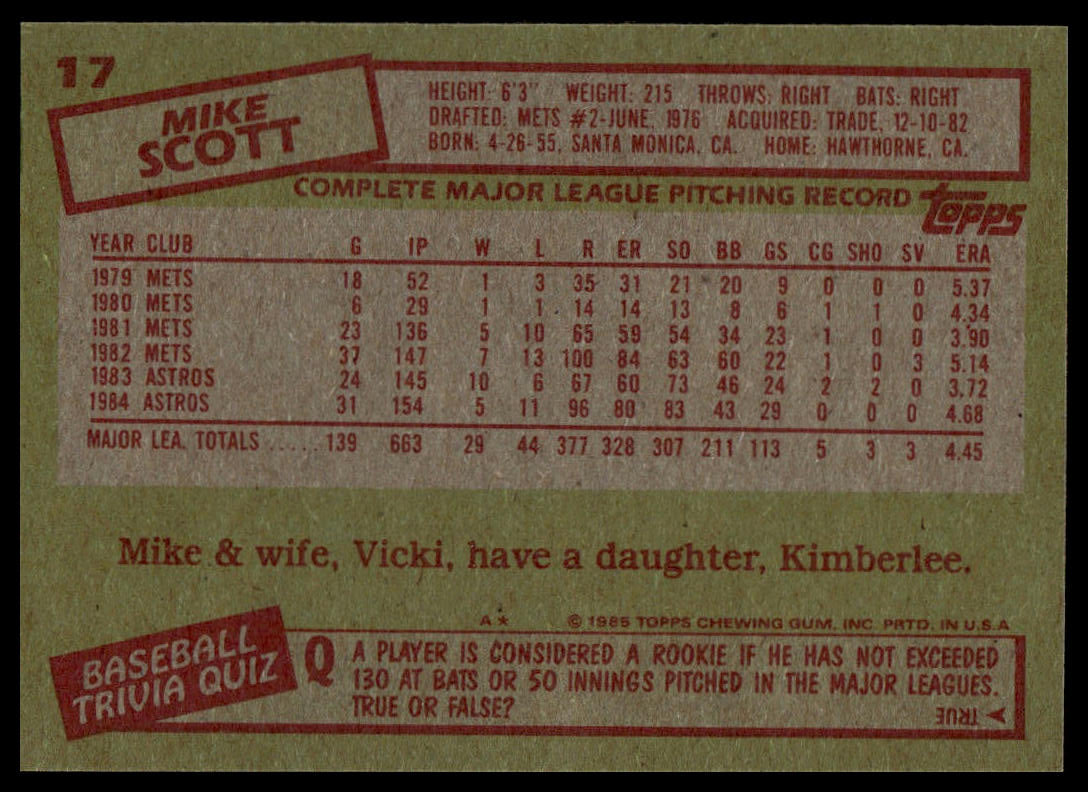 The back of a vintage 1985 Topps baseball trading card featuring Mike Scott, showing his player stats, biographical details, and trivia questions in red and black text on a tan background.