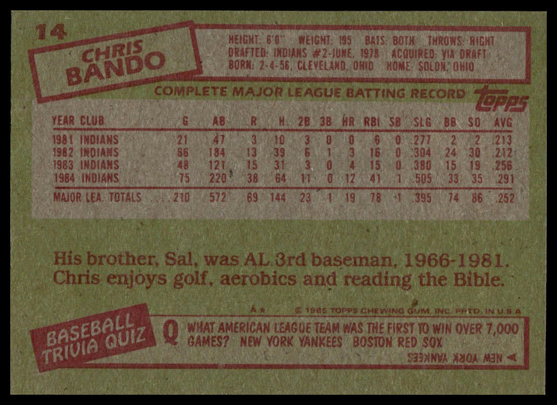 The back of a 1991 Topps Chris Bando baseball trading card, featuring a green background with red and white text boxes, player statistics, and a baseball-themed trivia quiz.