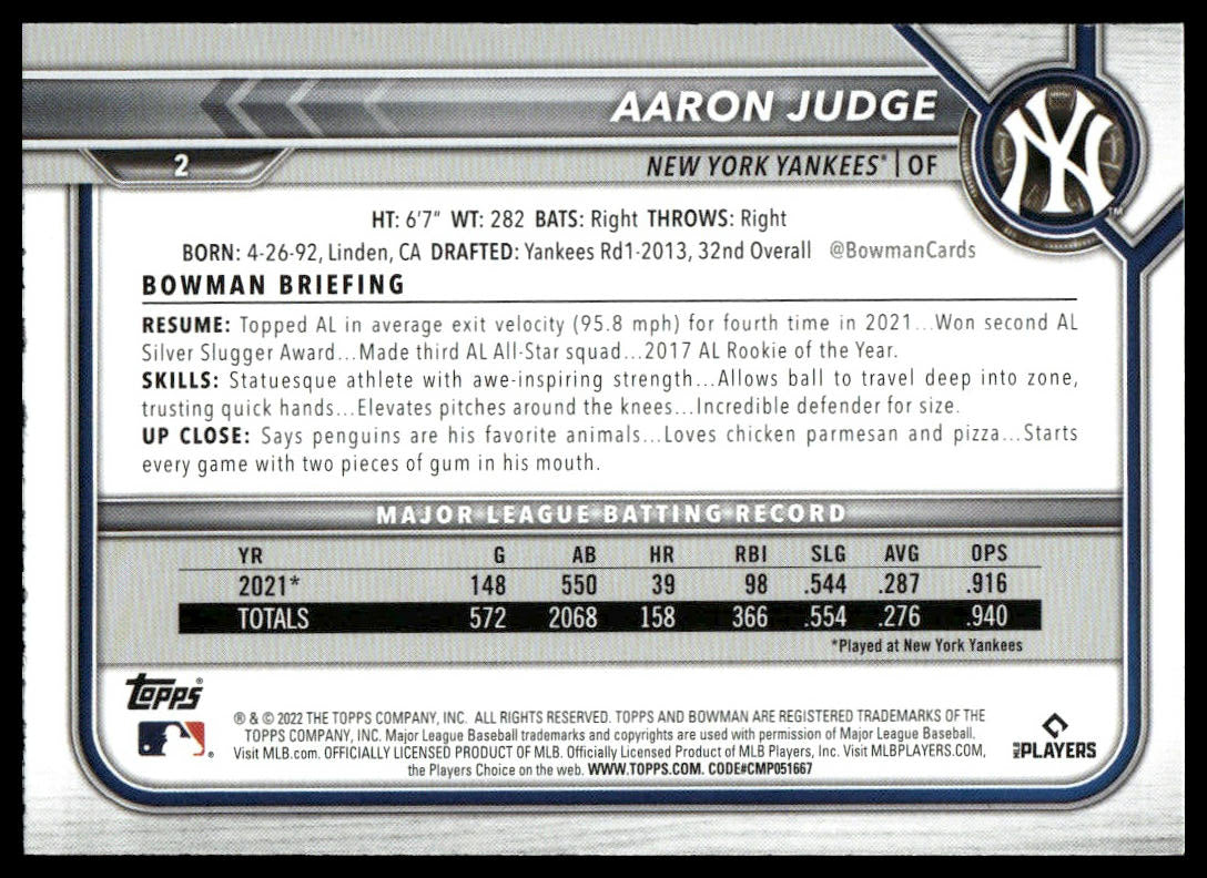 2022 Bowman #2 Aaron Judge Sky Blue #/499