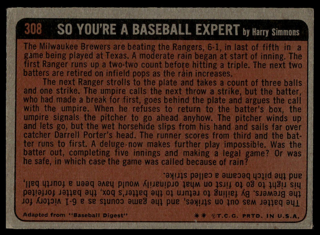 Vintage baseball trading card back with printed text, titled 'SO YOU'RE A BASEBALL EXPERT' by Harry Simmons, showing a tan background with black text and a dark border.