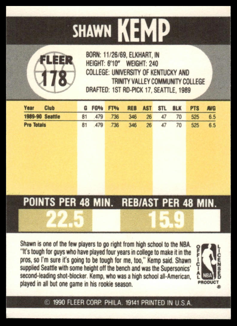 1990-91 Fleer #178b Shawn Kemp