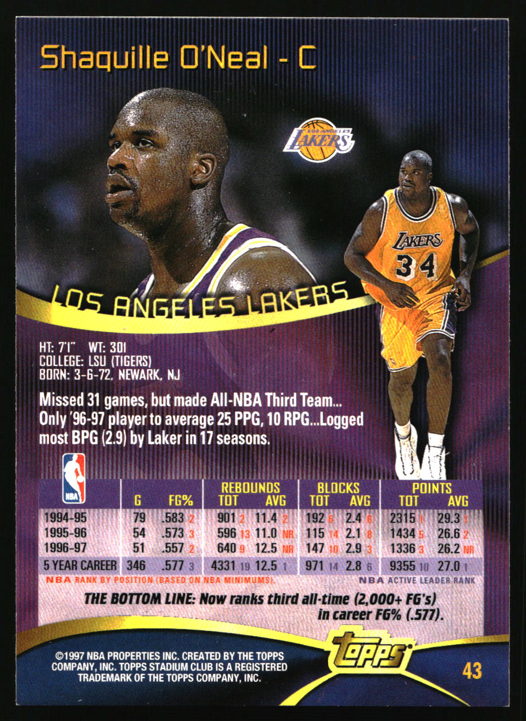 1997-98 Stadium Club #43 Shaquille O'Neal Members Only I