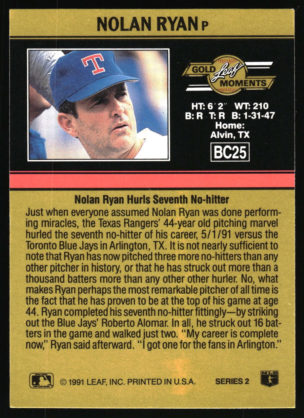 1991 Leaf #BC25 Nolan Ryan Gold Rookies