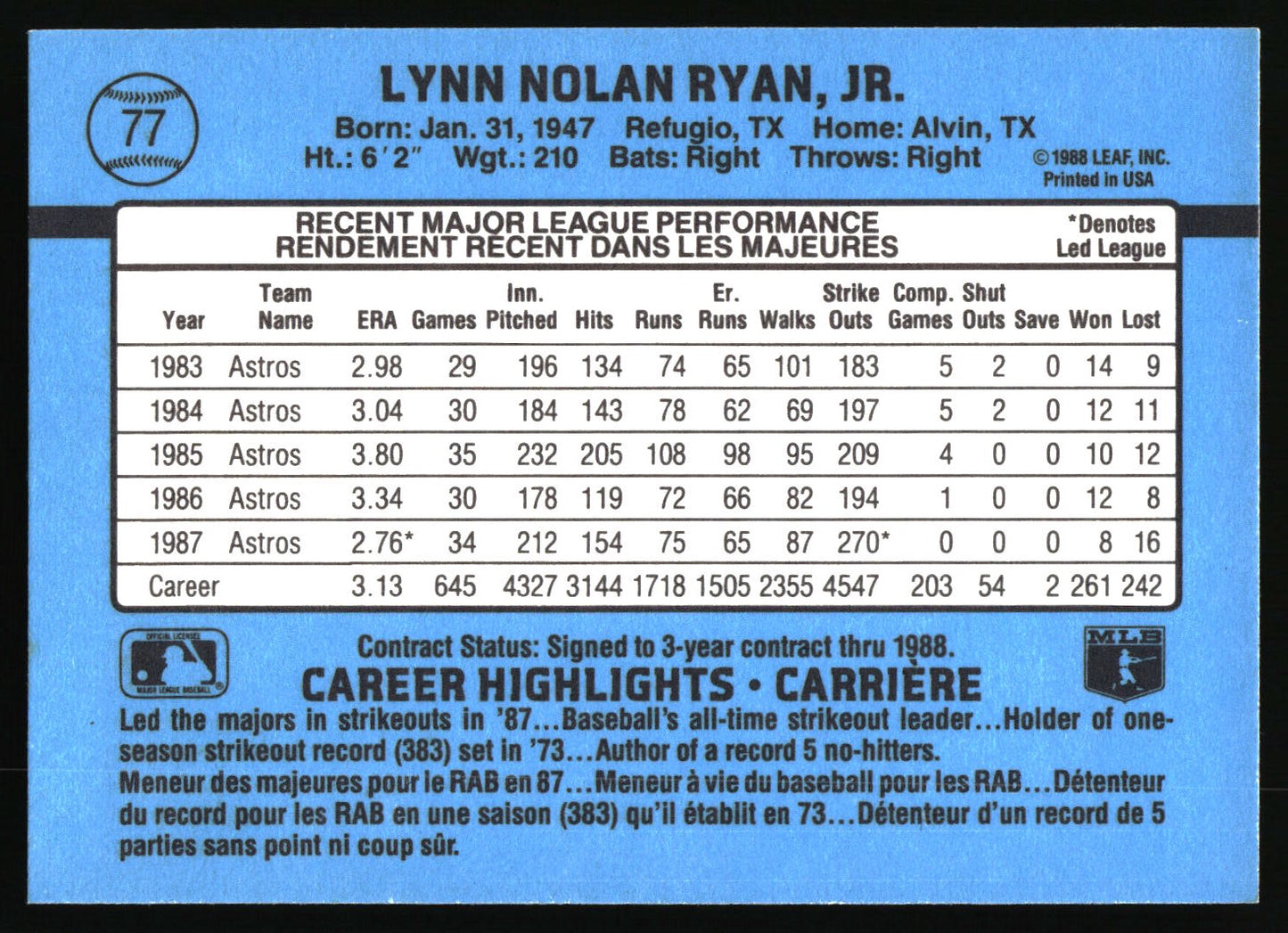 1988 Leaf #77 Nolan Ryan