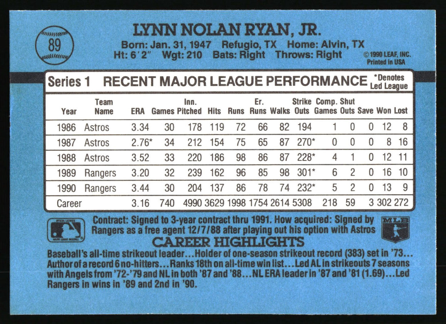 1991 Donruss #89b Nolan Ryan