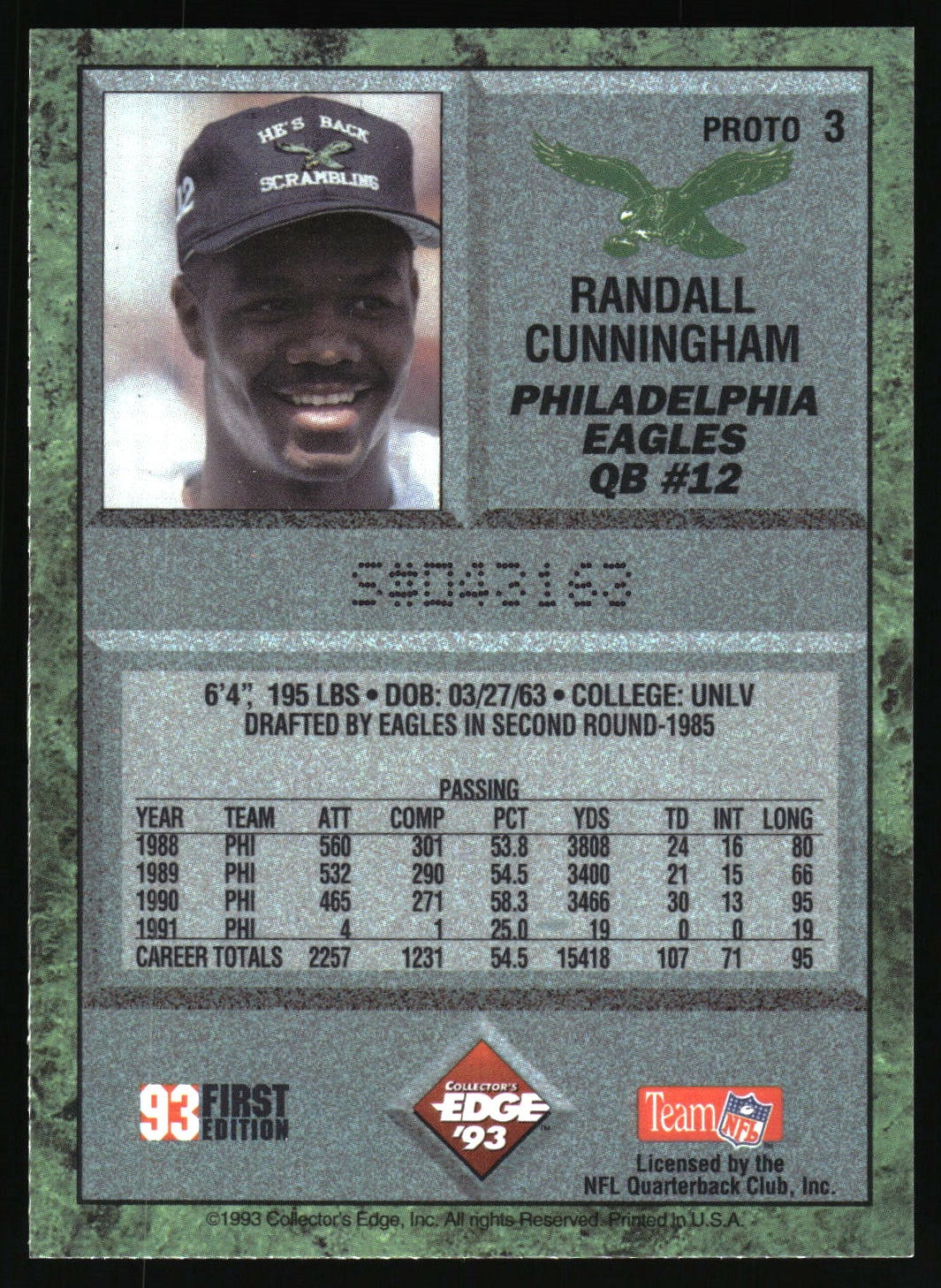 1993 Collector's Edge #3 Randall Cunningham Prototypes