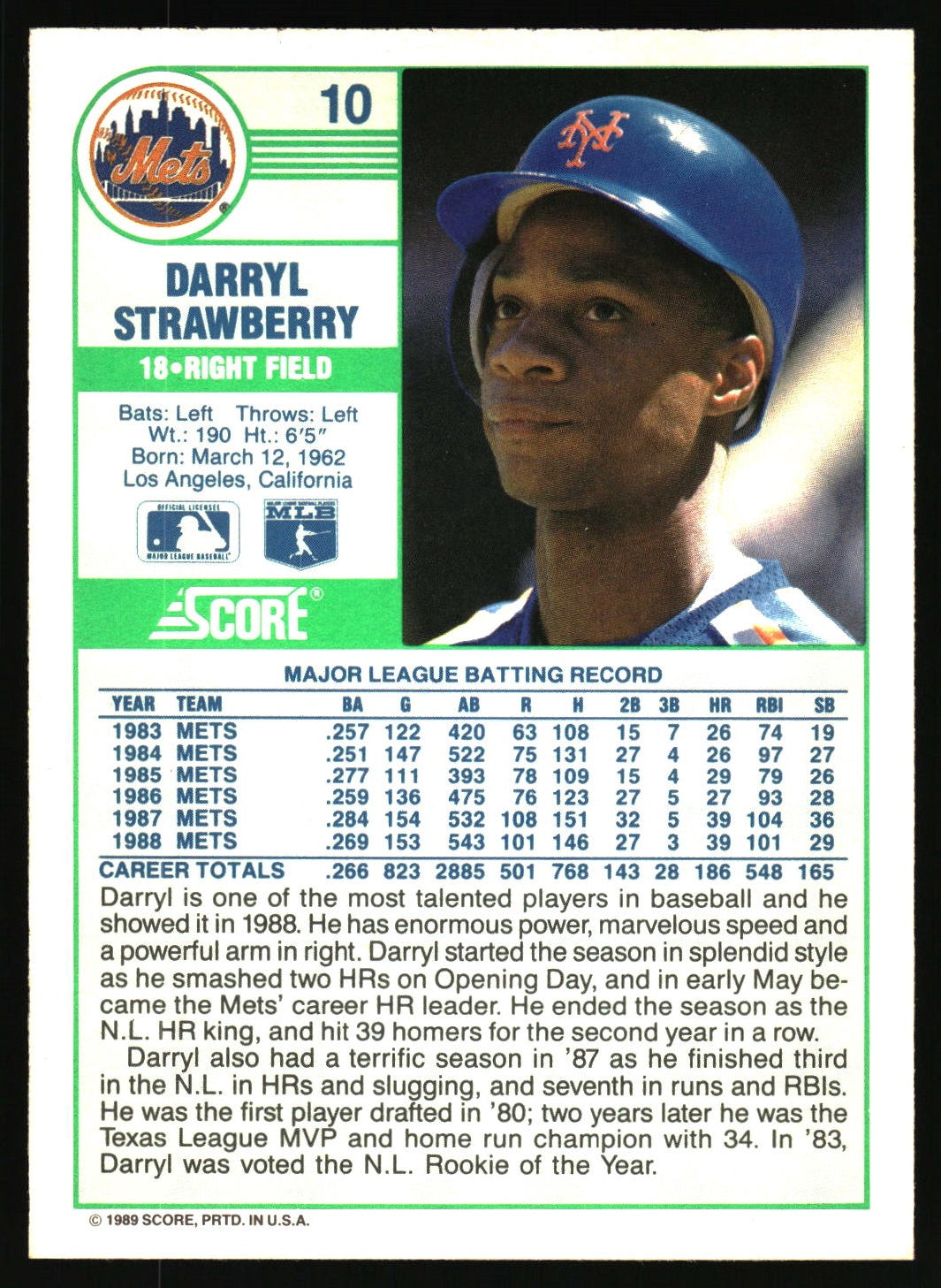 1989 Score #10 Darryl Strawberry