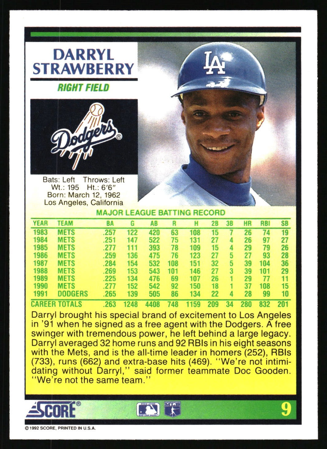1992 Score #9 Darryl Strawberry