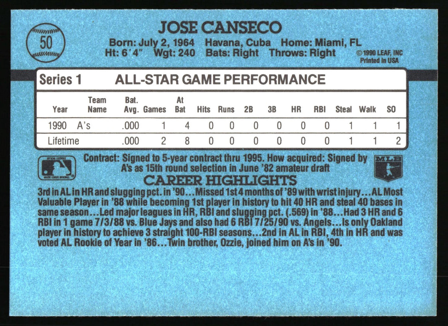 1991 Donruss #50 Jose Canseco