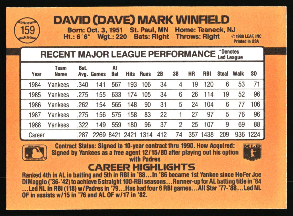 1989 Donruss #159b Dave Winfield