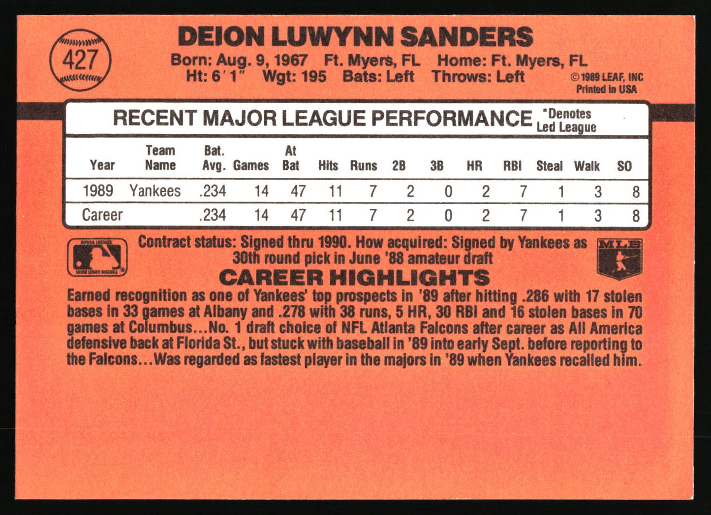1990 Donruss #427 Deion Sanders