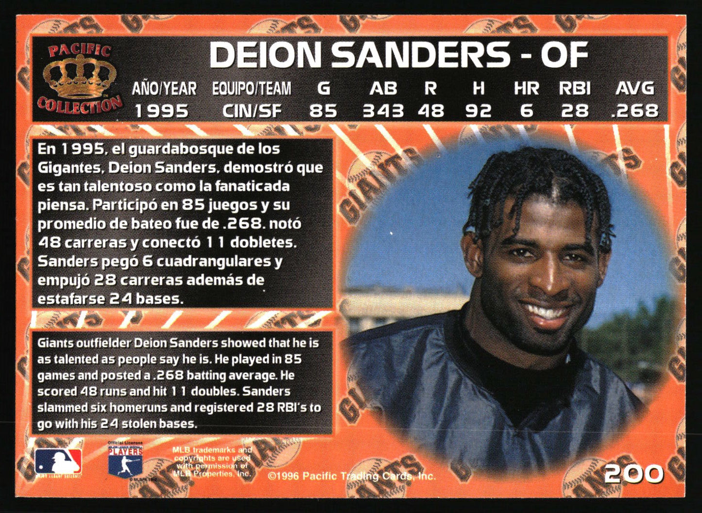 1996 Pacific Crown Collection #200 Deion Sanders