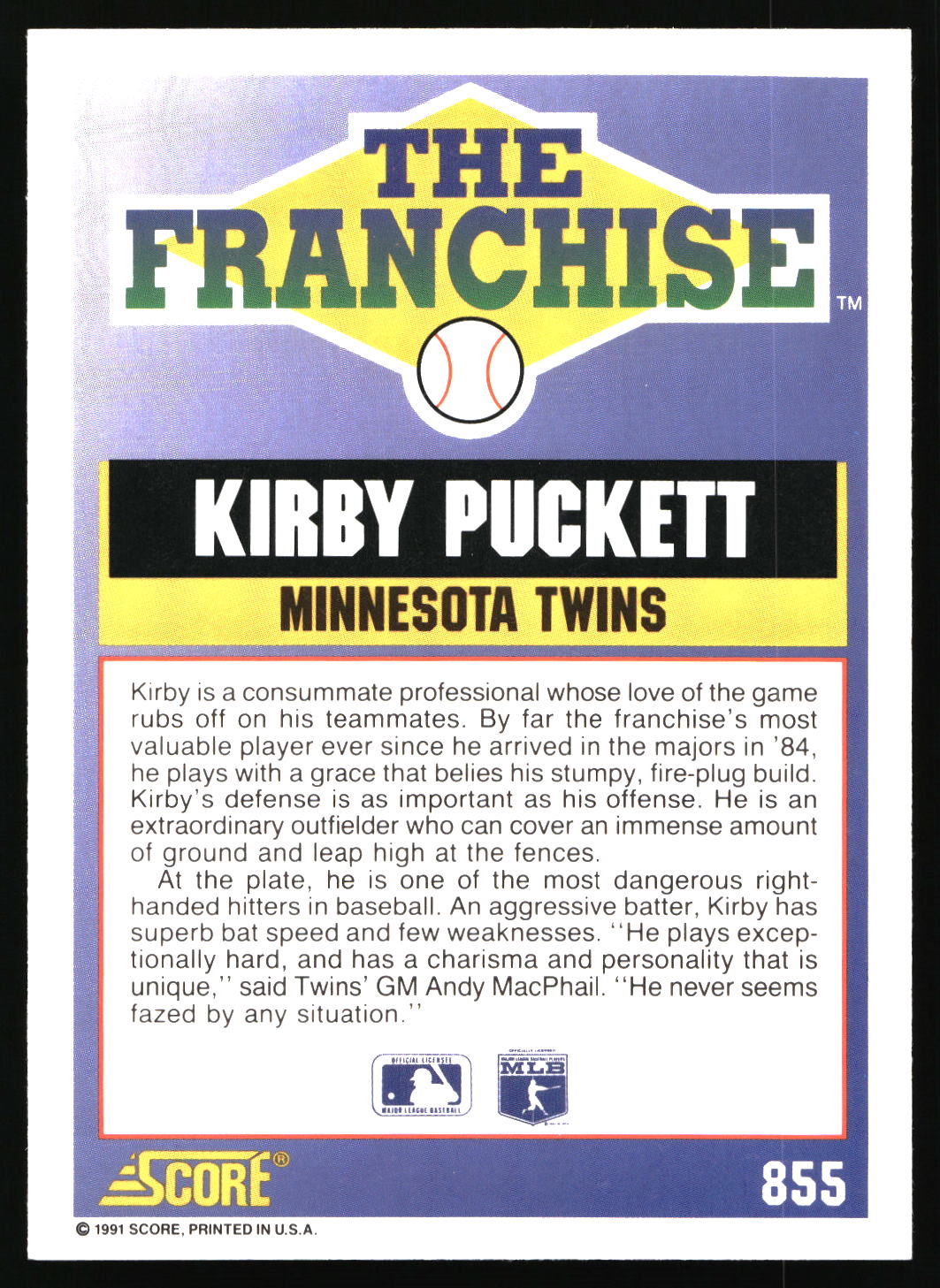 1991 Score #855 Kirby Puckett