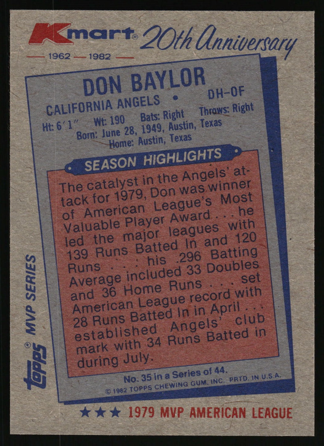 1982 Topps Kmart 20th Anniversary AL & NL MVP's #35 Don Baylor