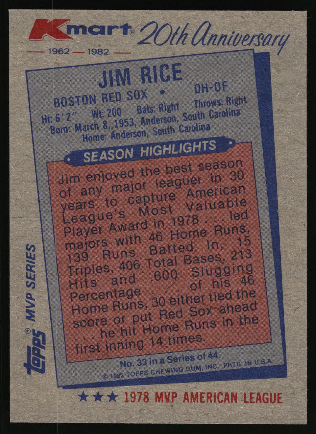 1982 Topps Kmart 20th Anniversary AL & NL MVP's #33 Jim Rice
