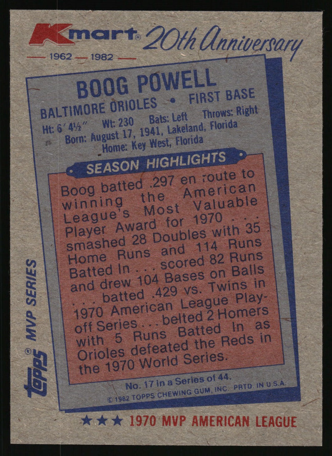 1982 Topps Kmart 20th Anniversary AL & NL MVP's #17 Boog Powell