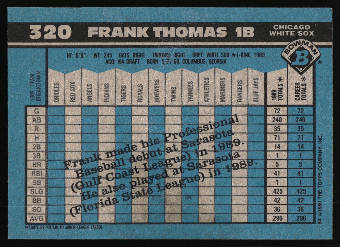 1990 Bowman #320 Frank Thomas