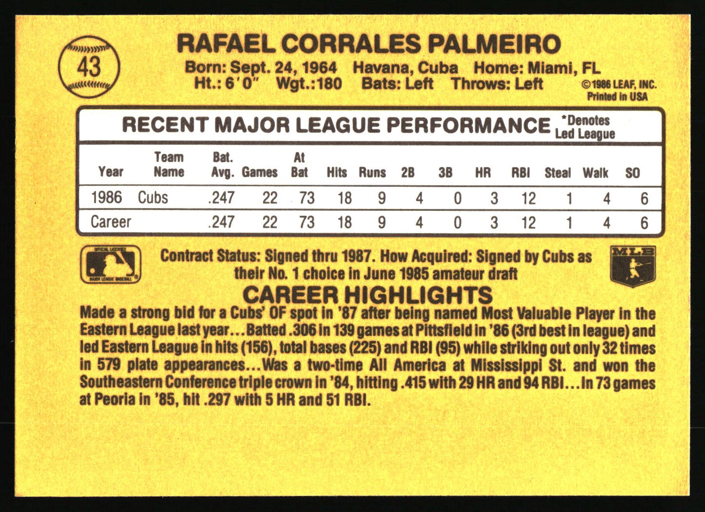 1987 Donruss #43 Rafael Palmeiro